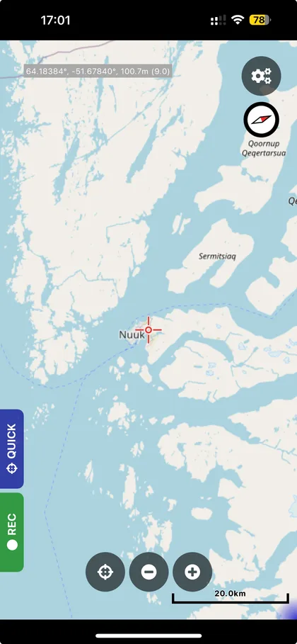 Cartograph's first map screen with the round menu button in the upper-right corner