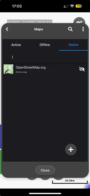 Cartograph Online maps tab with OpenStreetMap.org hidden and a crossed-out eye icon