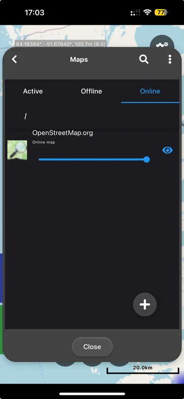Cartograph Online maps tab with OpenStreetMap.org visible and a blue eye icon