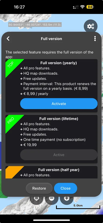Cartograph's Full version screen showing yearly, lifetime, and half-year purchase choices
